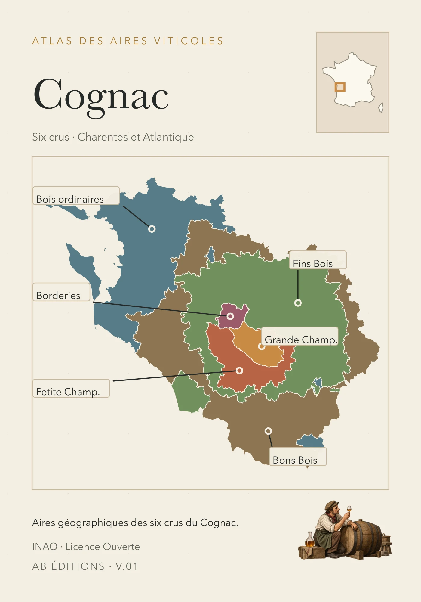 Recto de la carte : Cognac — six crus