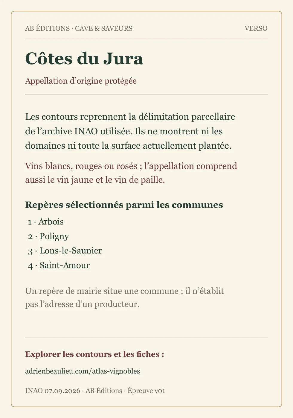 Verso de la carte : Côtes du Jura