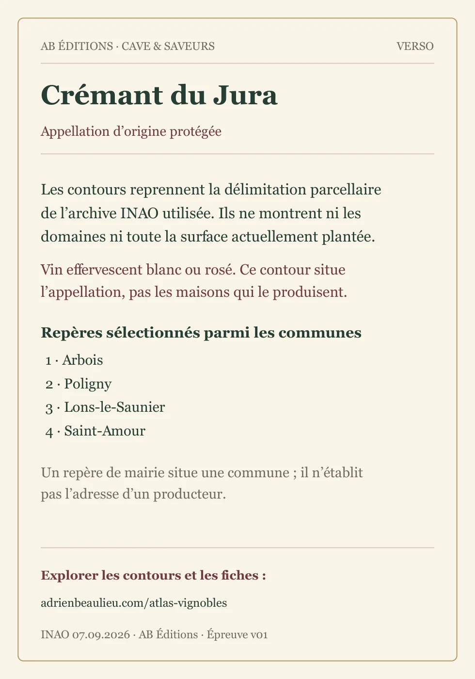 Verso de la carte : Crémant du Jura