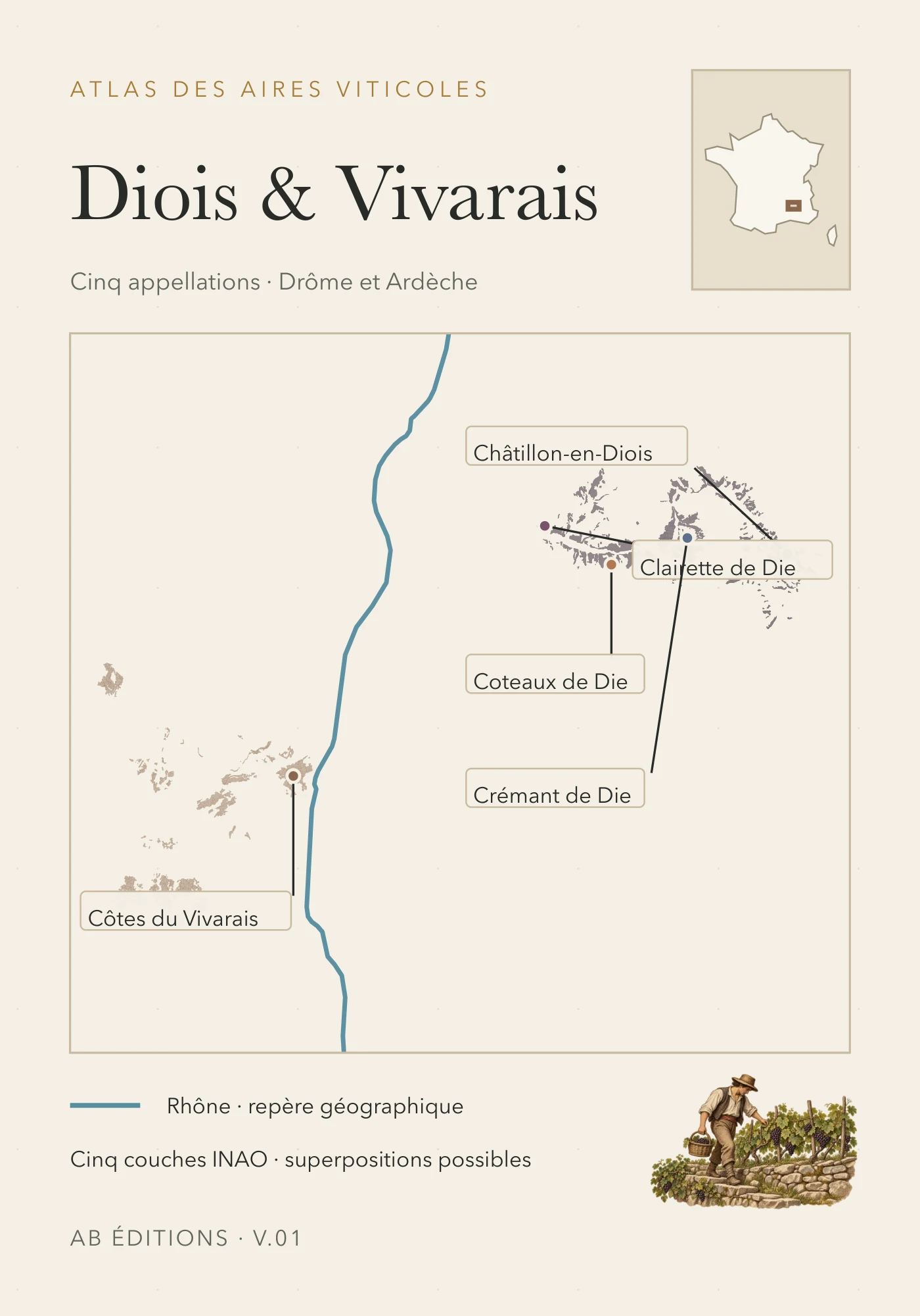 Recto de la carte : Diois et Vivarais — cinq appellations