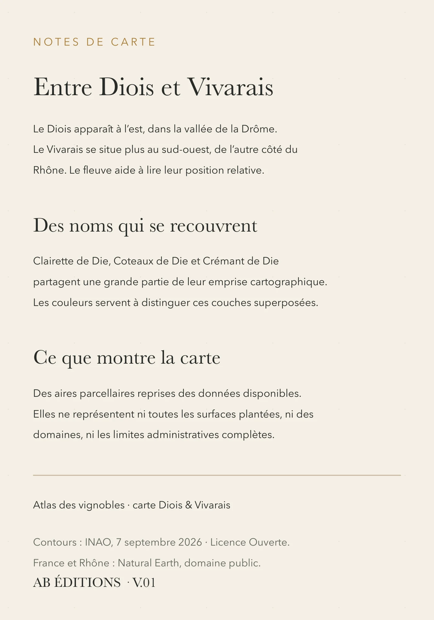 Verso de la carte : Diois et Vivarais — cinq appellations