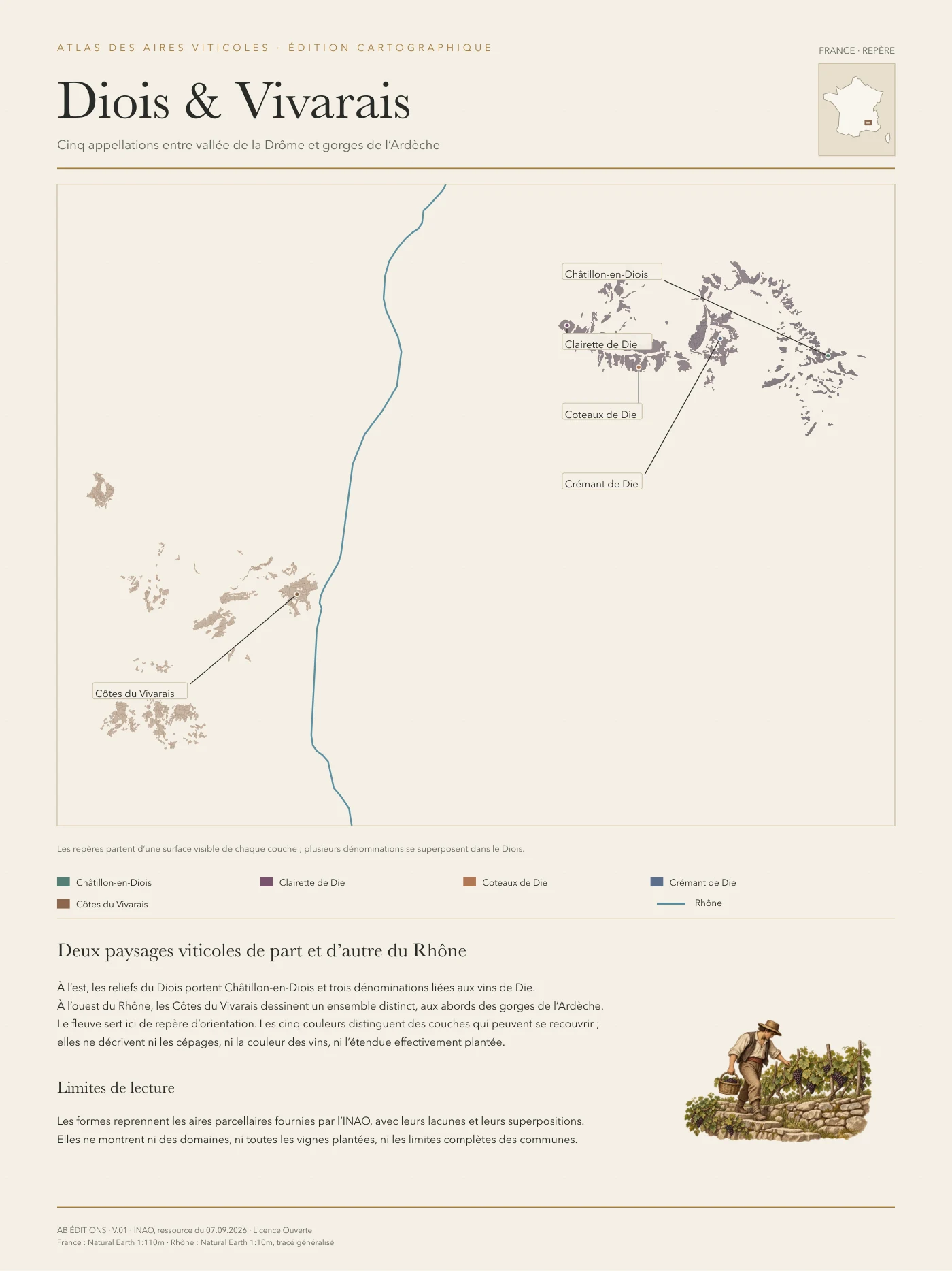 Poster cartographique : Diois et Vivarais — cinq appellations