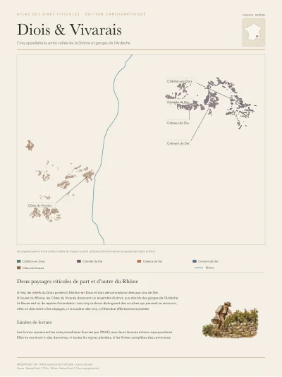 Poster cartographique : Diois et Vivarais — cinq appellations