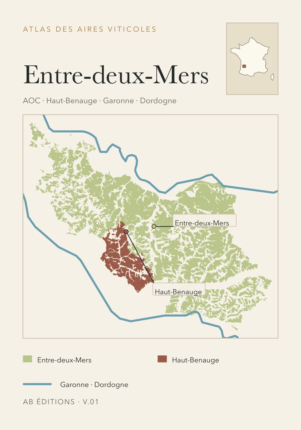 Recto de la carte : Entre-deux-Mers — appellation et Haut-Benauge