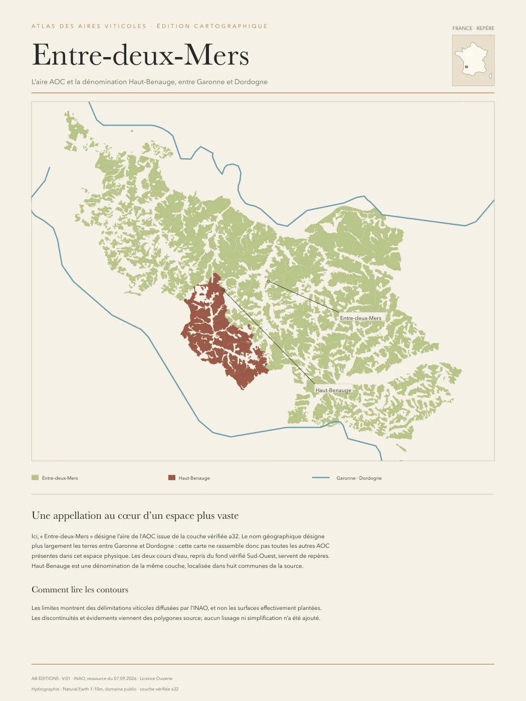 Poster cartographique : Entre-deux-Mers — appellation et Haut-Benauge