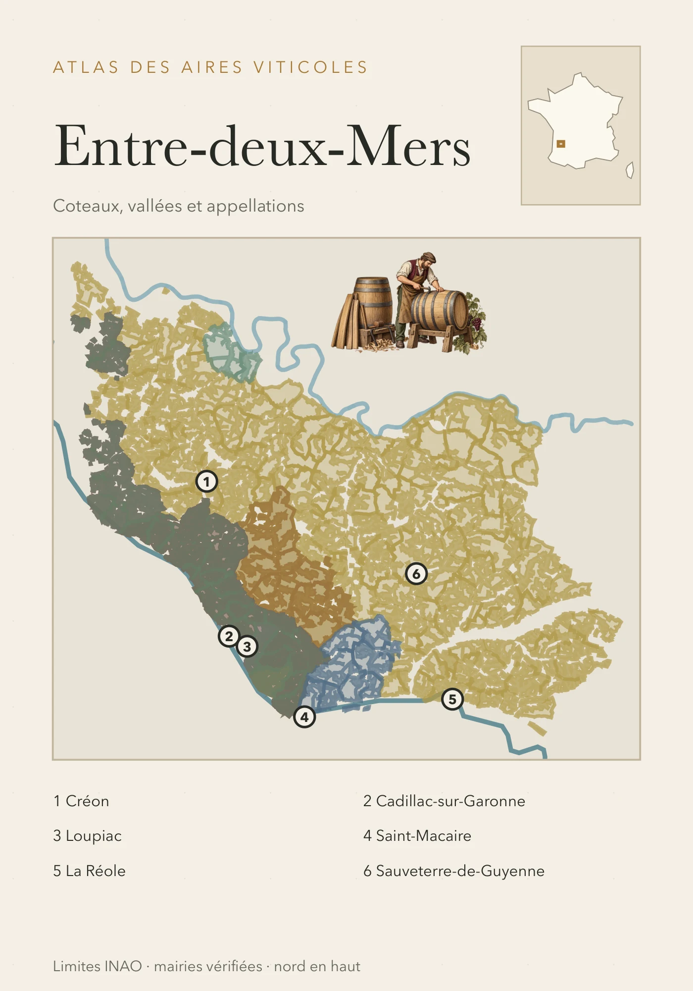 Carte Entre-deux-Mers — coteaux, vallées et appellations, recto