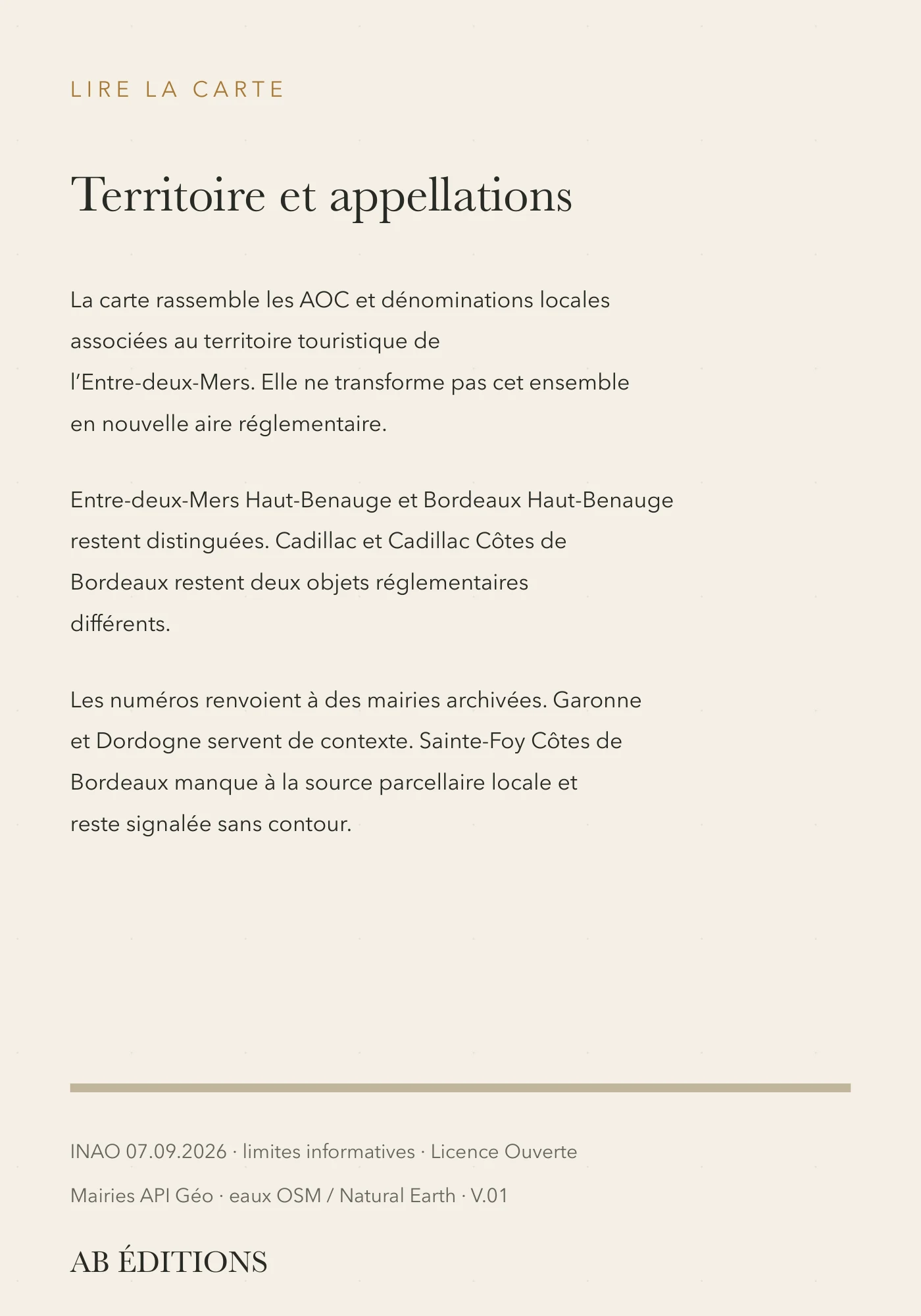 Carte Entre-deux-Mers — coteaux, vallées et appellations, verso