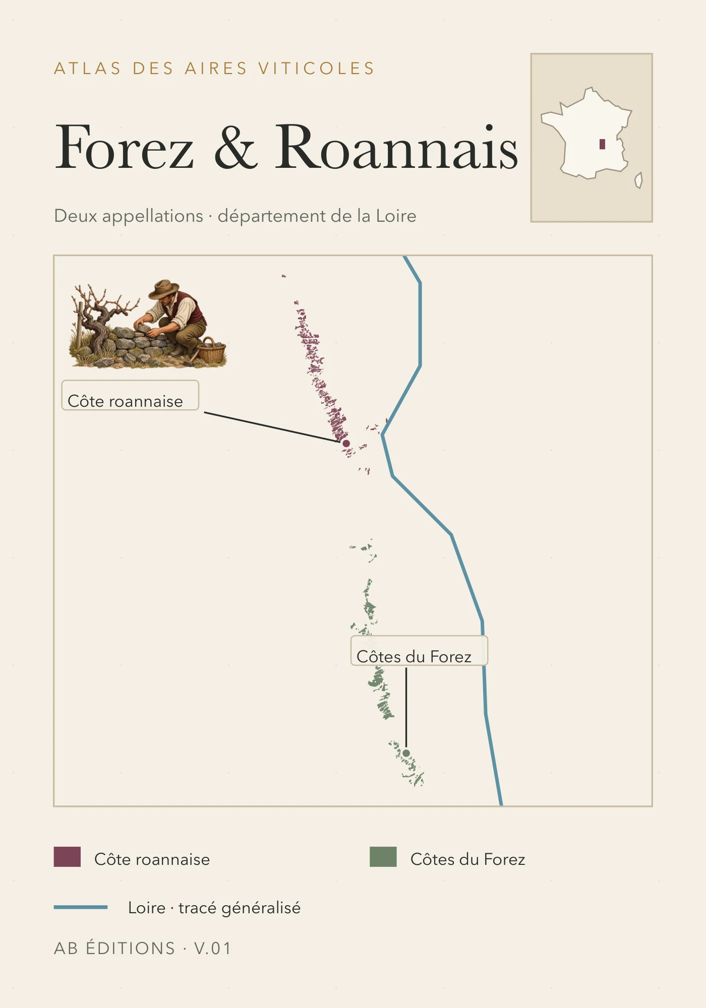 Recto de la carte : Forez et Roannais — deux appellations
