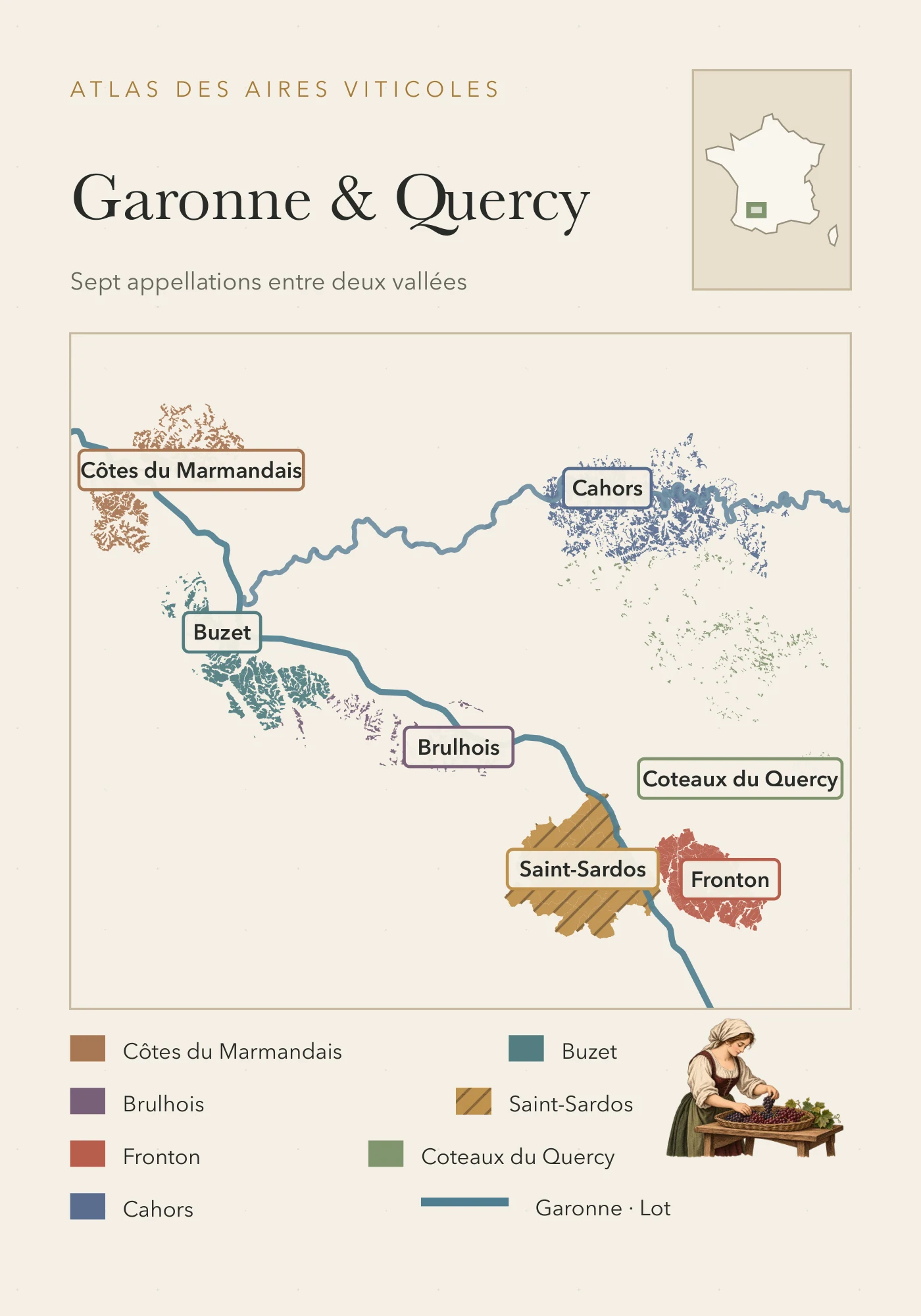 Recto de la carte : Garonne et Quercy — sept appellations