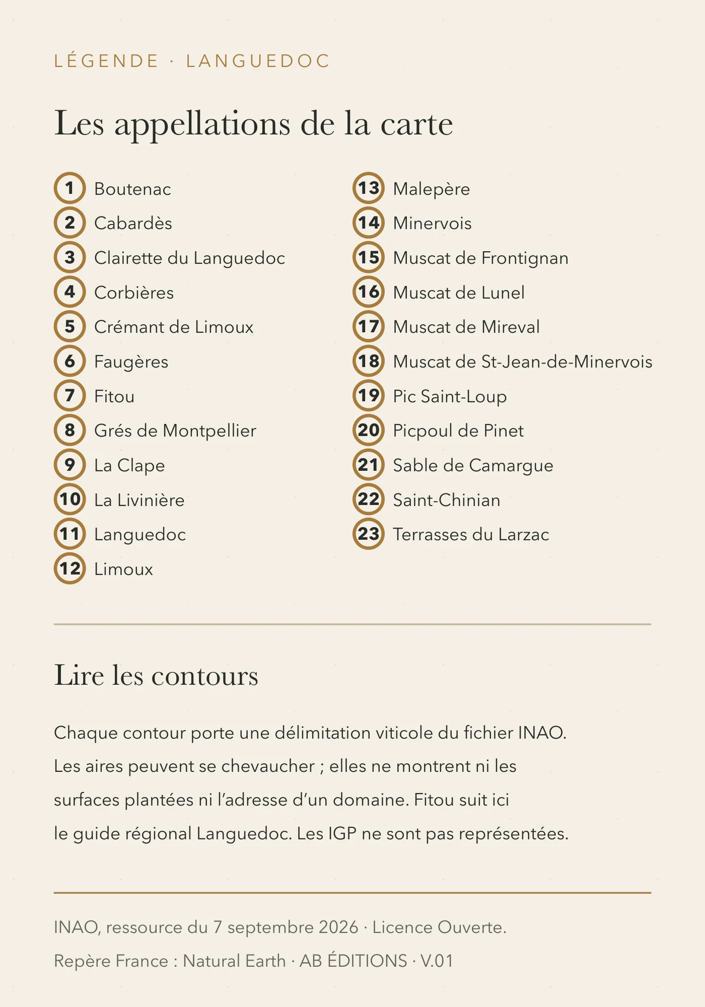 Verso de la carte : Languedoc — vingt-trois appellations