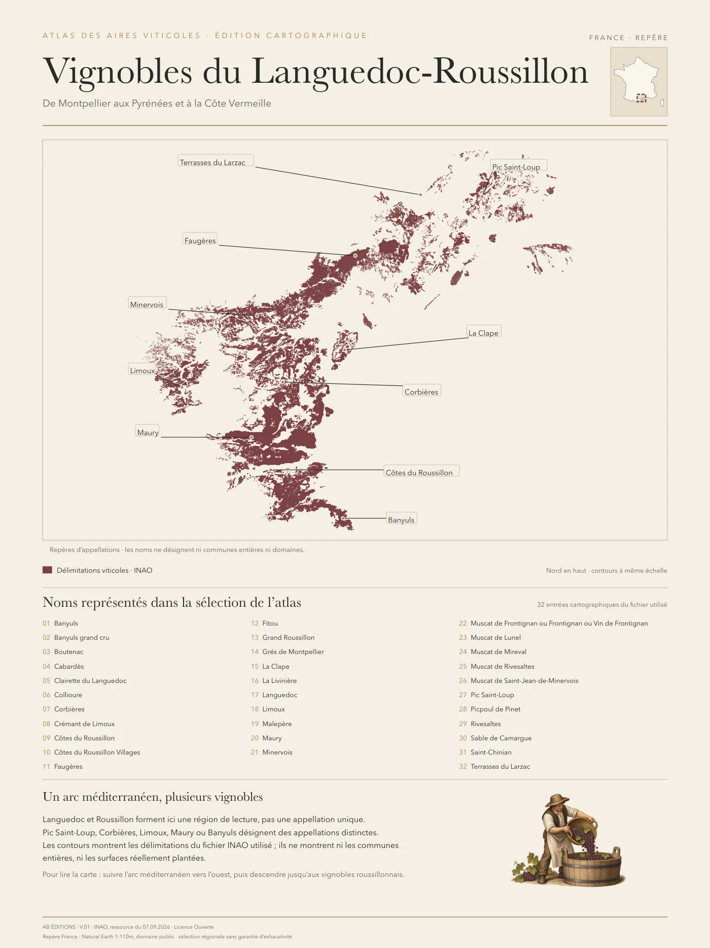 Poster cartographique : Languedoc–Roussillon — vue d’ensemble