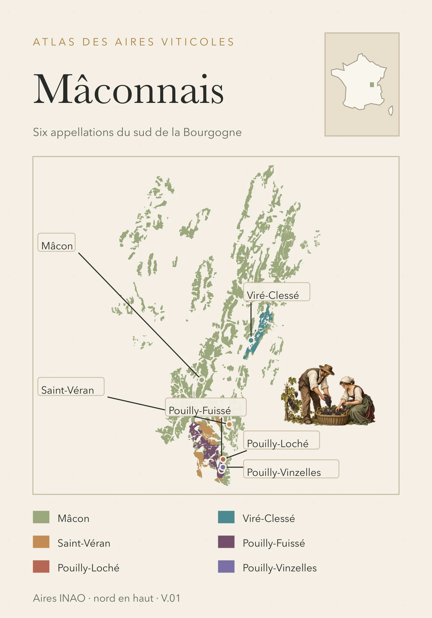 Recto de la carte : Mâconnais — six appellations