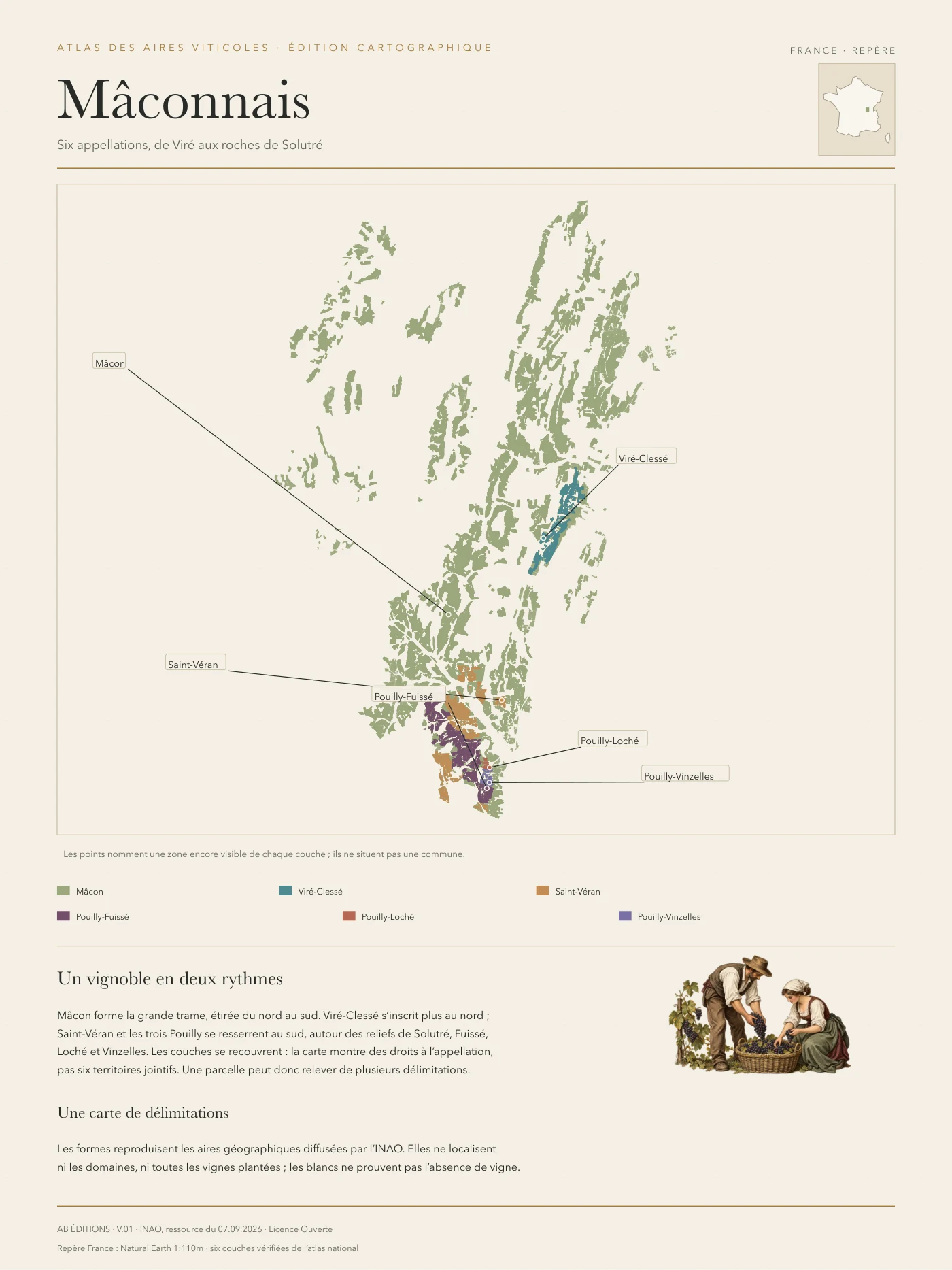 Poster cartographique : Mâconnais — six appellations
