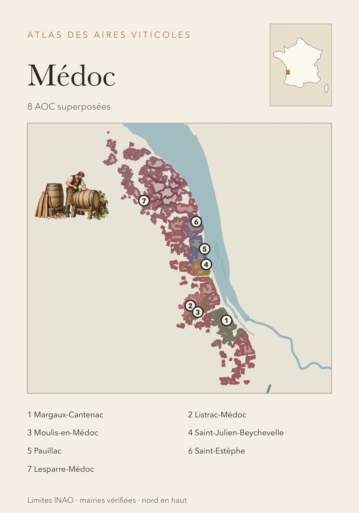 Carte Médoc — les huit appellations réunies, recto