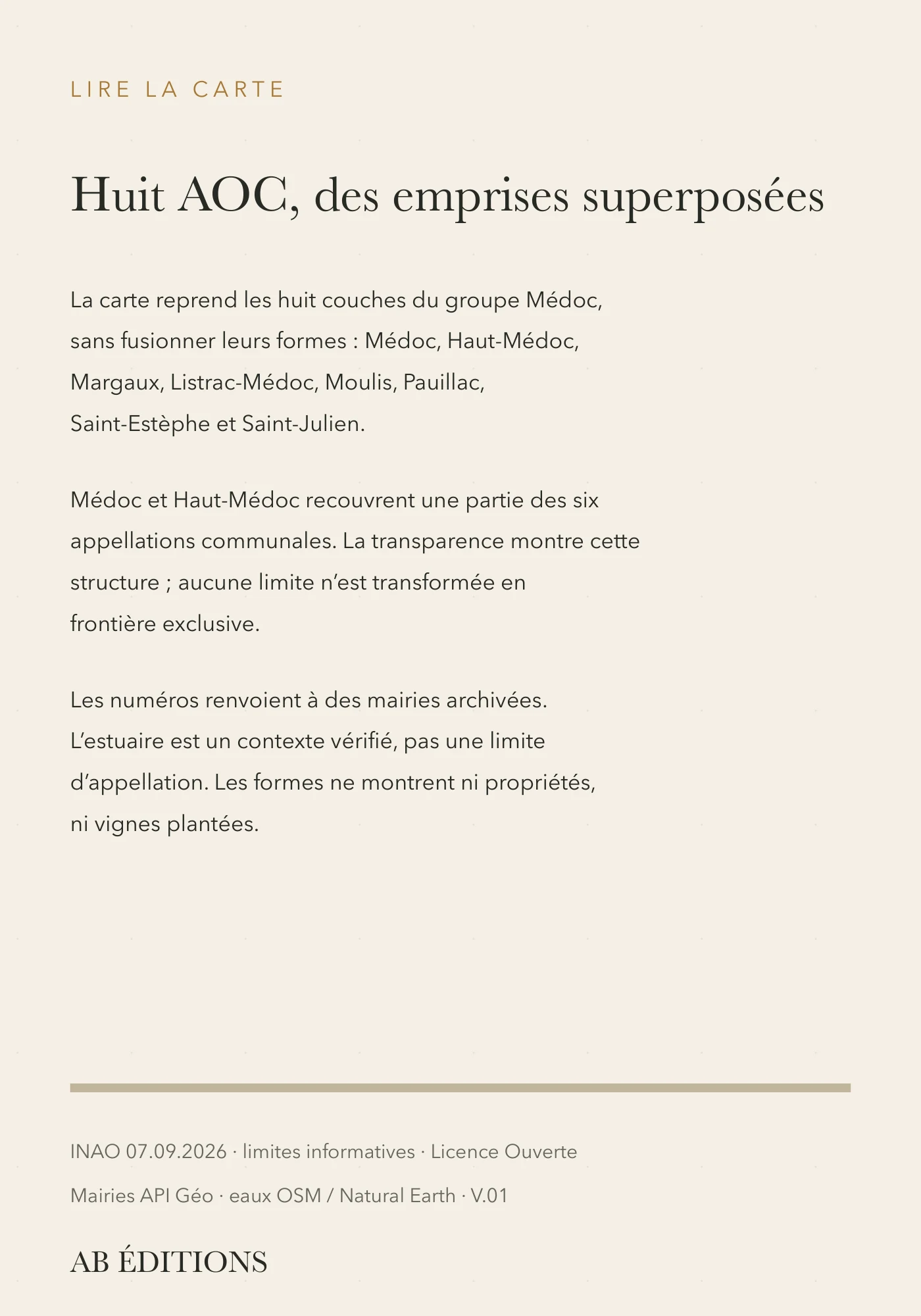 Carte Médoc — les huit appellations réunies, verso