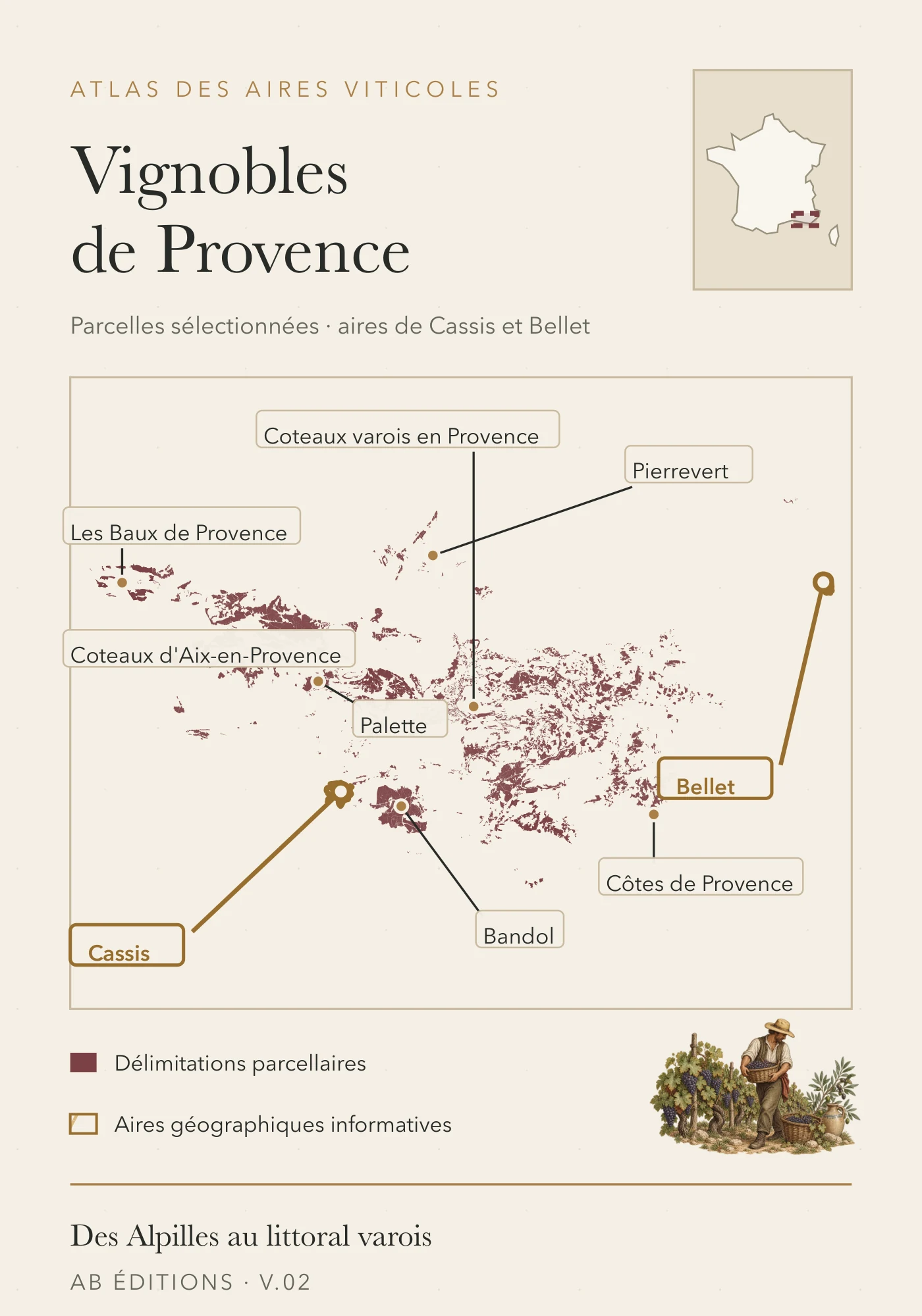 Recto de la carte : Provence — neuf appellations, deux types de contours