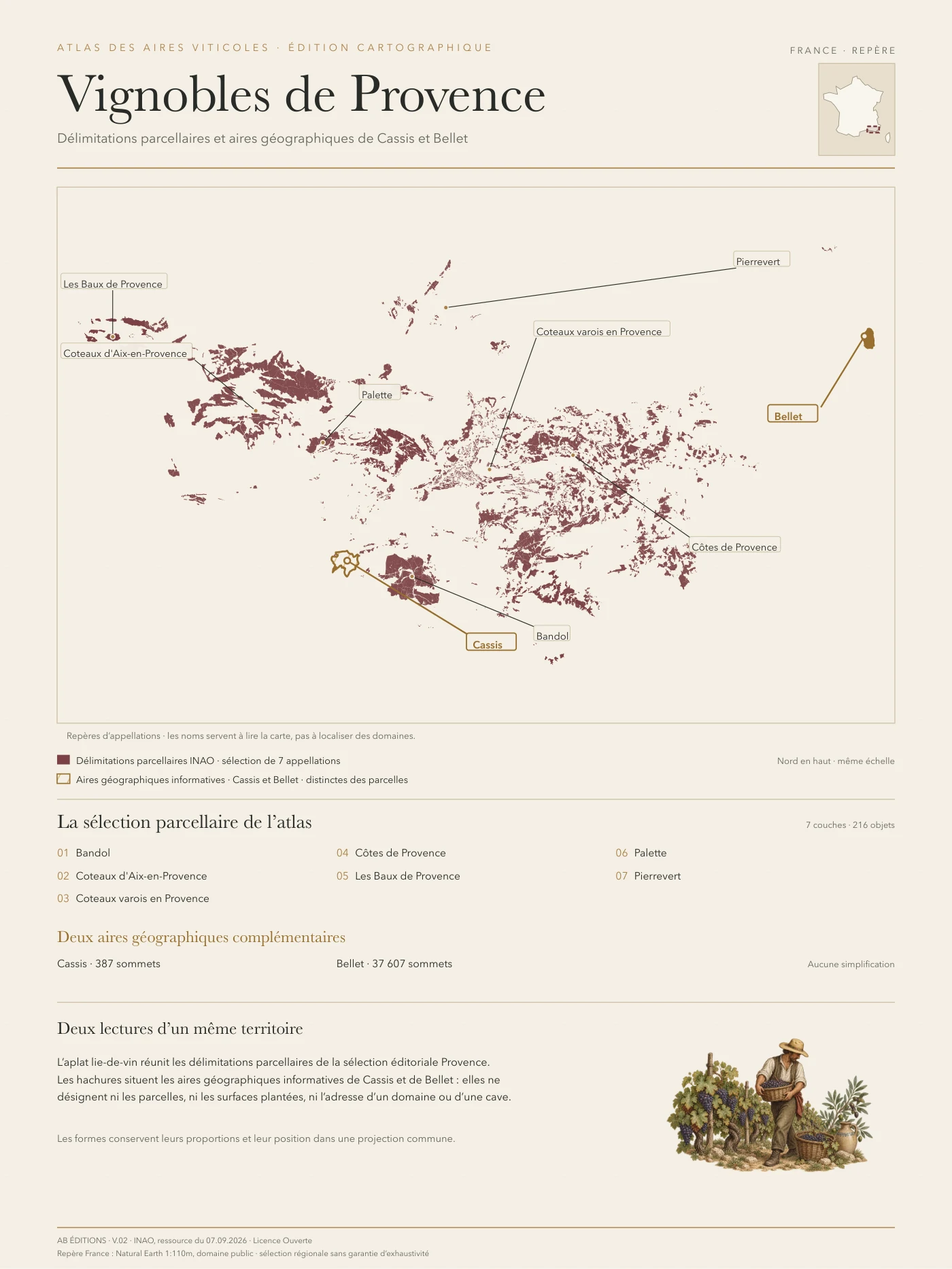 Poster cartographique : Provence — neuf appellations, deux types de contours