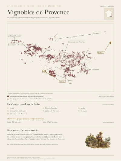 Poster cartographique : Provence — neuf appellations, deux types de contours