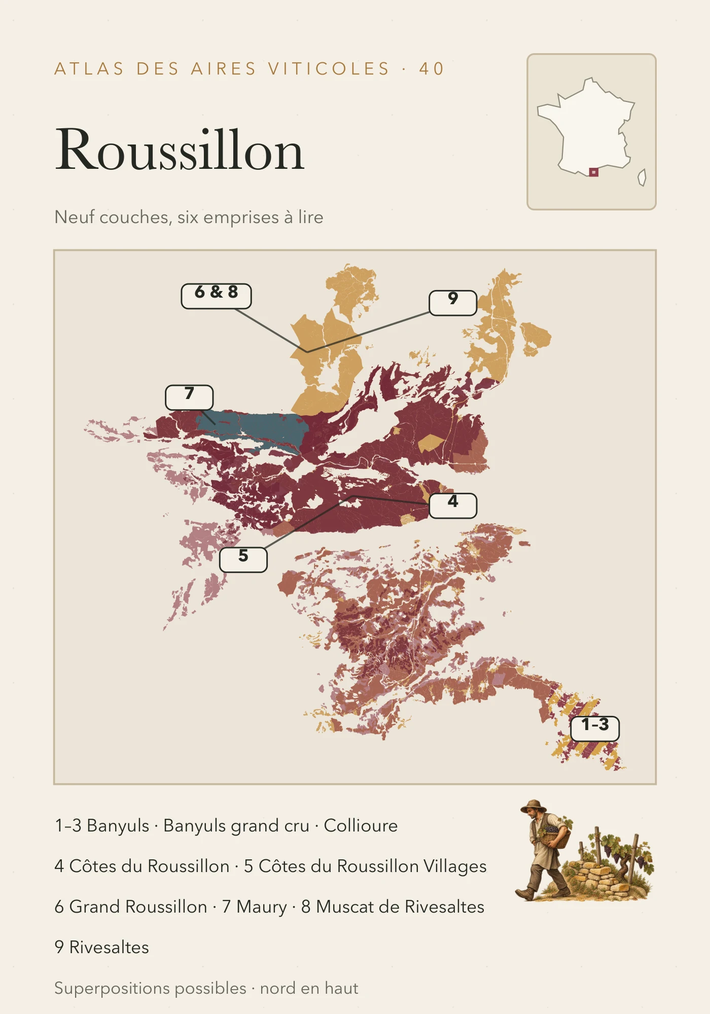Recto de la carte : Roussillon — neuf appellations cartographiées