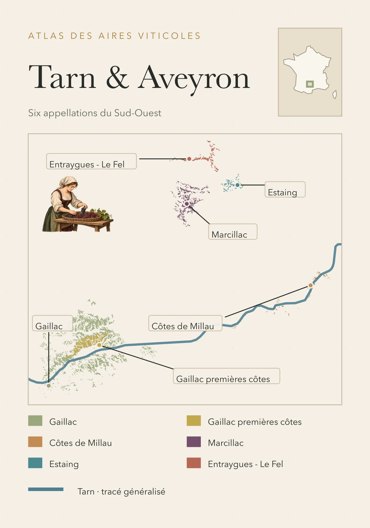 Recto de la carte : Tarn et Aveyron — six appellations