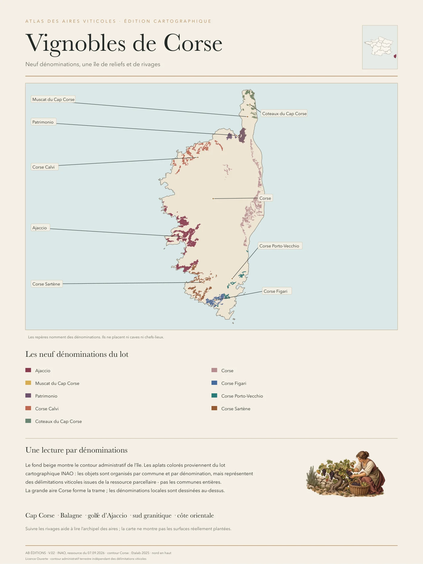 Poster cartographique : Vignobles de Corse — neuf dénominations