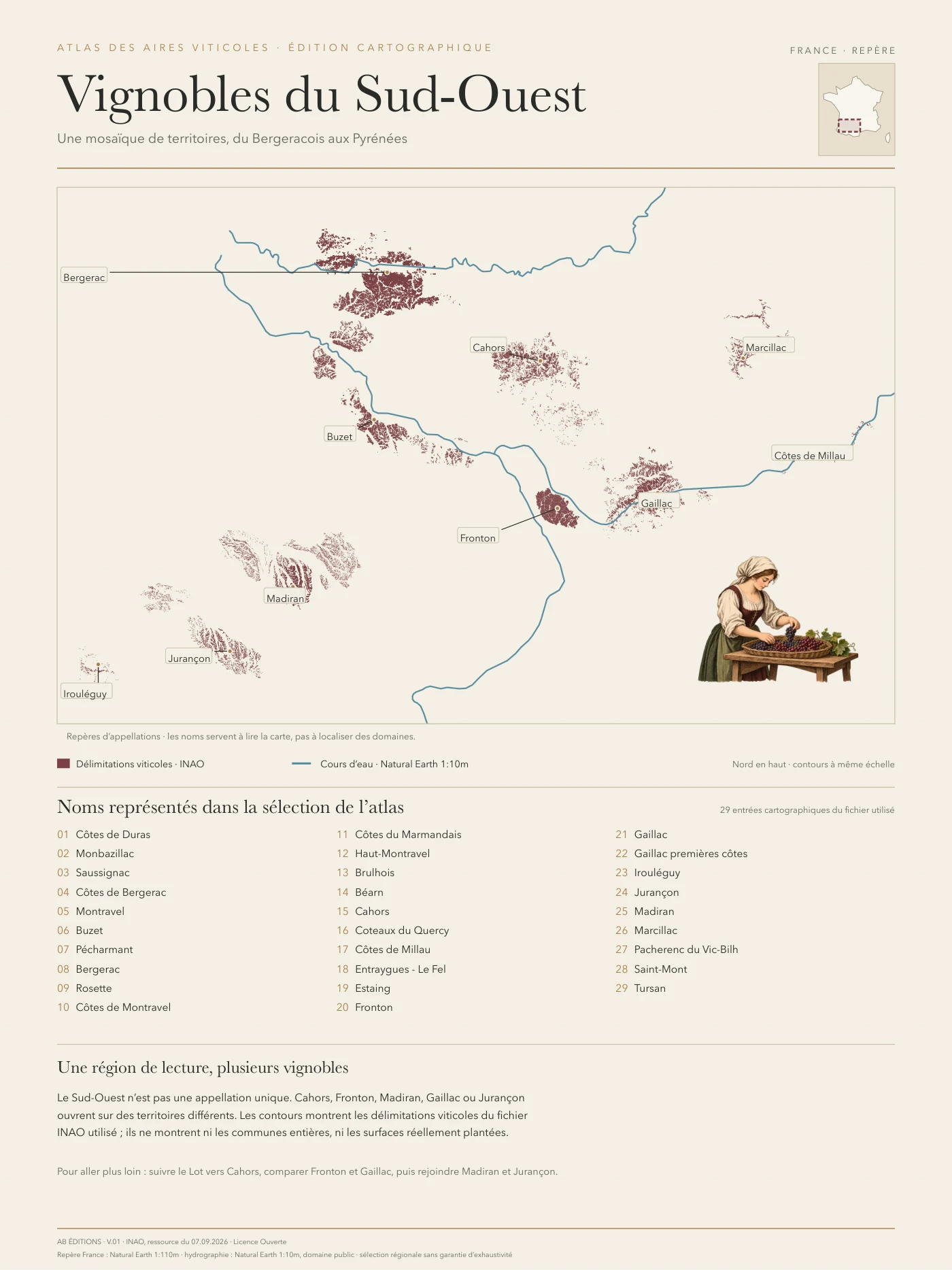 Poster cartographique : Vignobles du Sud-Ouest — vue d’ensemble