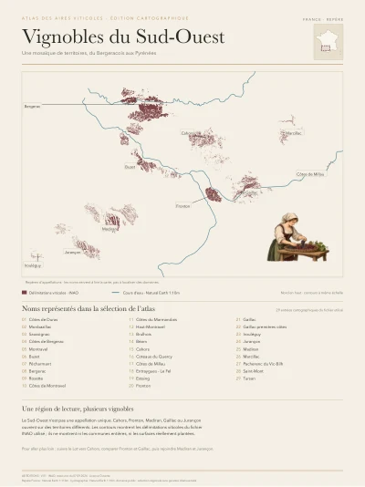 Poster cartographique : Vignobles du Sud-Ouest — vue d’ensemble