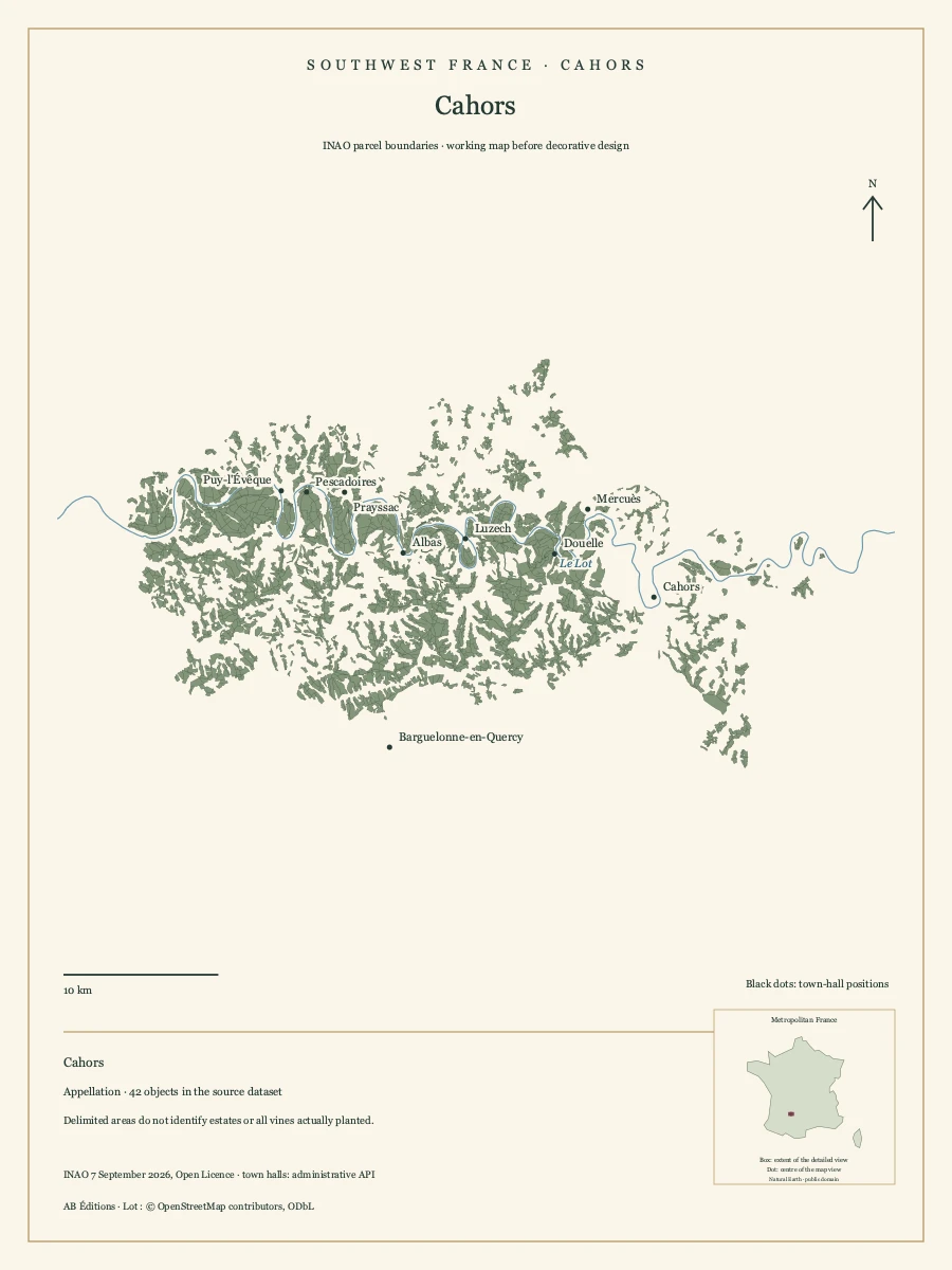 Cahors parcel boundaries, the main course of the Lot and commune reference points