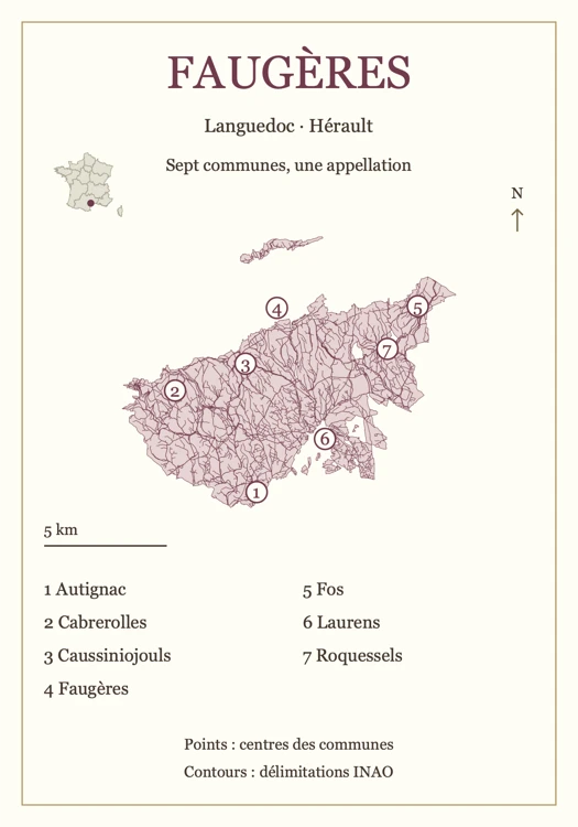Carte de Faugères : sept repères numérotés, avec les noms des communes