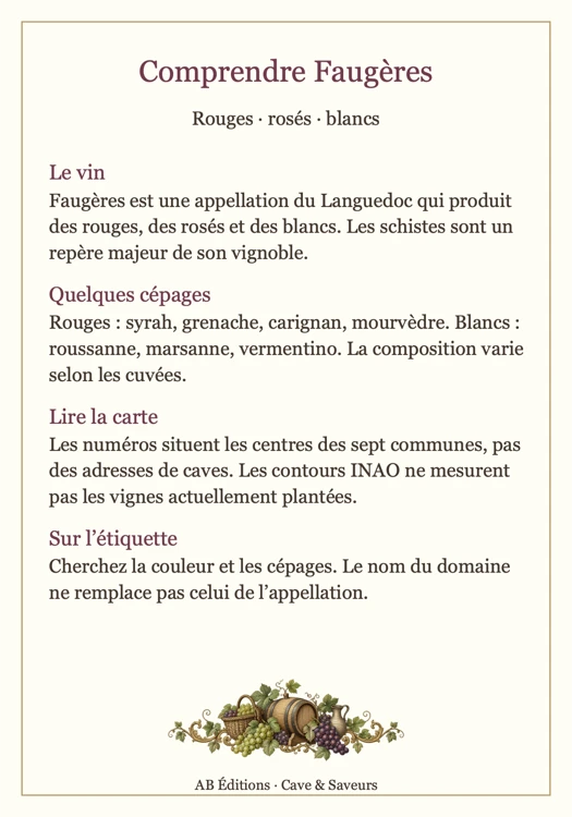 Verso pédagogique de la carte Faugères