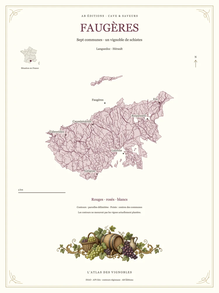 Épreuve du poster Faugères avec cadre et ornement viticole