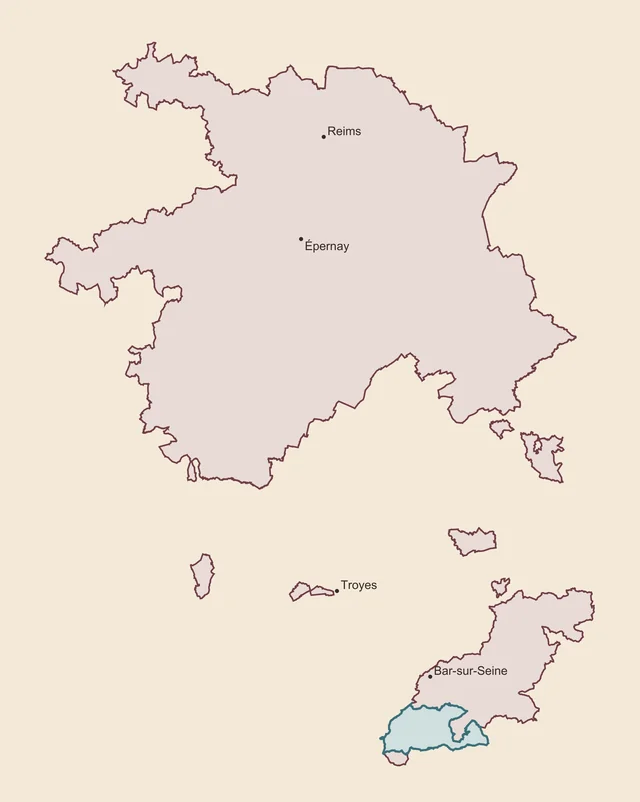 Carte de l’aire géographique champenoise : un grand contour brun couvrant Reims et Épernay au nord, plusieurs îlots plus petits près de Troyes et un ensemble au sud autour de Bar-sur-Seine ; à son extrémité sud, un petit contour bleu marque le Rosé des Riceys.