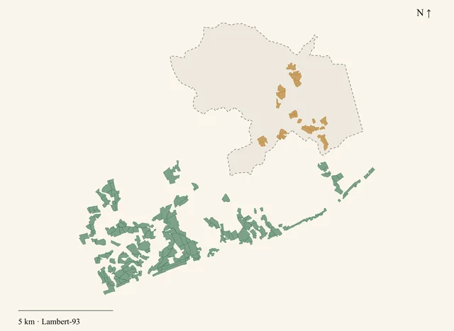 Carte de contrôle : au sud-ouest, de nombreuses petites parcelles vertes de Touraine Mesland ; au nord-est, la commune de Valencisse en gris pointillé, qui ne contient que quelques parcelles ocre de l’appellation Touraine et aucune parcelle verte.