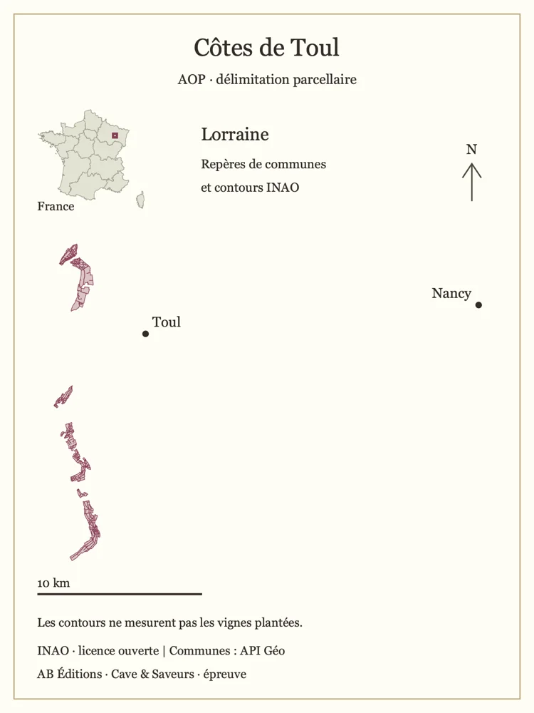 Délimitation parcellaire AOP ; repères de centres de communes. Les contours ne mesurent pas les vignes plantées.