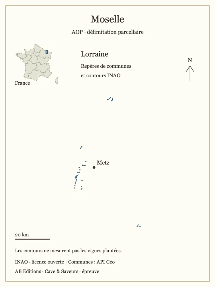 Délimitation parcellaire AOP ; repères de centres de communes. Les contours ne mesurent pas les vignes plantées.