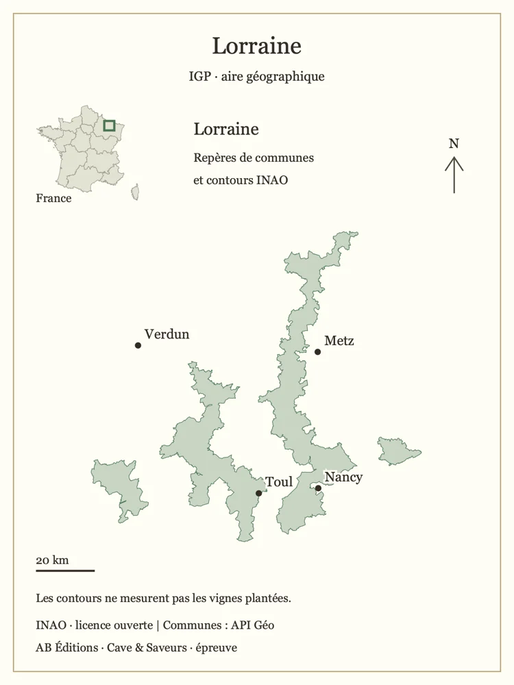 Aire géographique IGP ; repères de centres de communes. Les contours ne mesurent pas les vignes plantées.