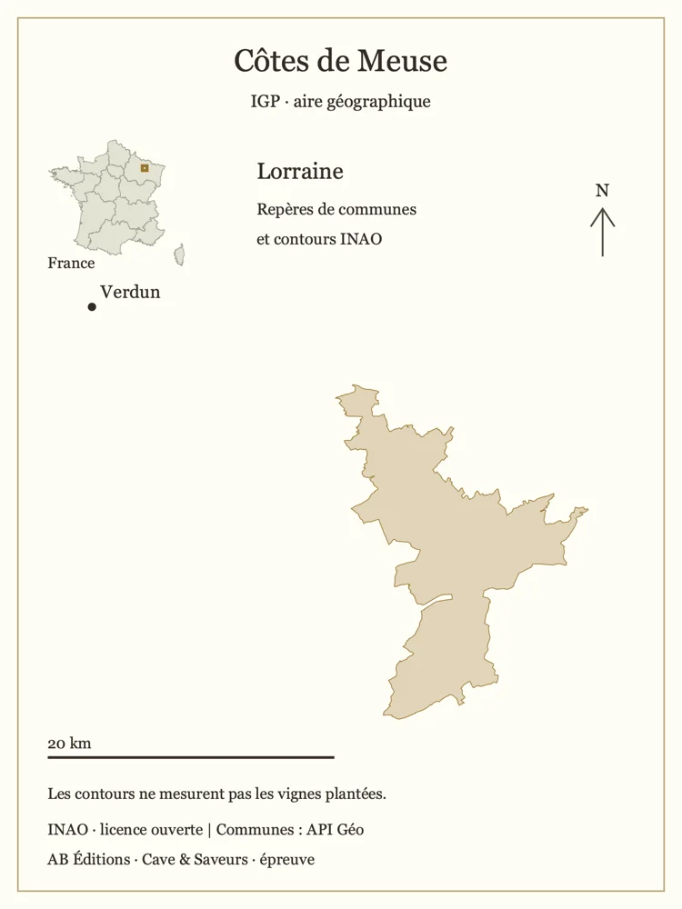 Aire géographique IGP ; repères de centres de communes. Les contours ne mesurent pas les vignes plantées.