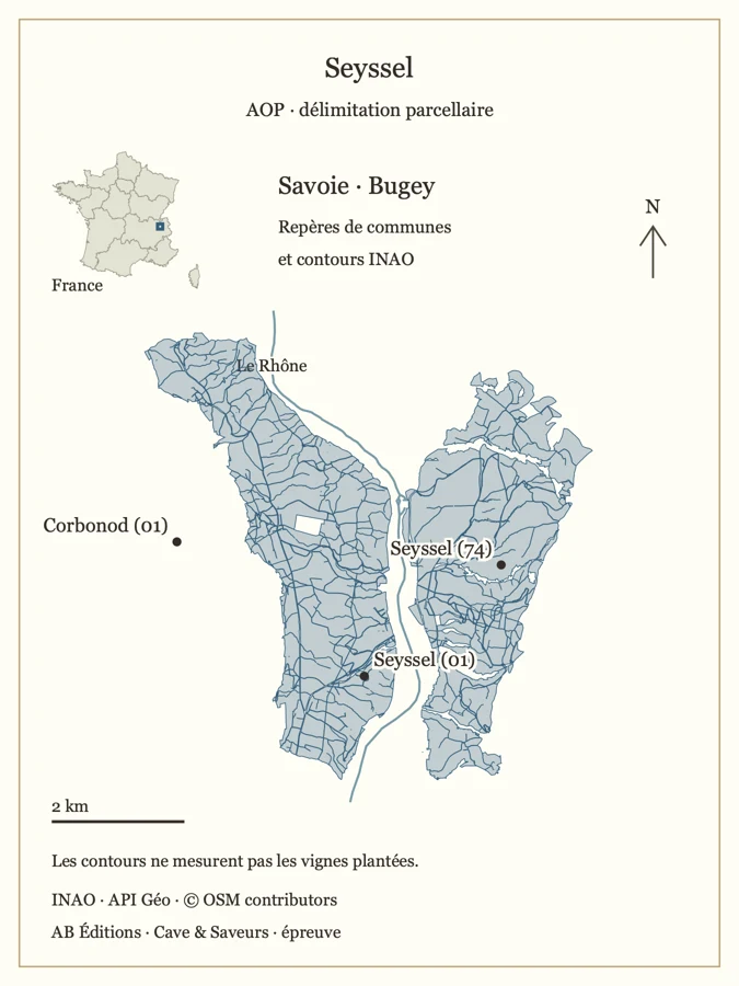 Carte de Seyssel — contours parcellaires INAO et repères géographiques