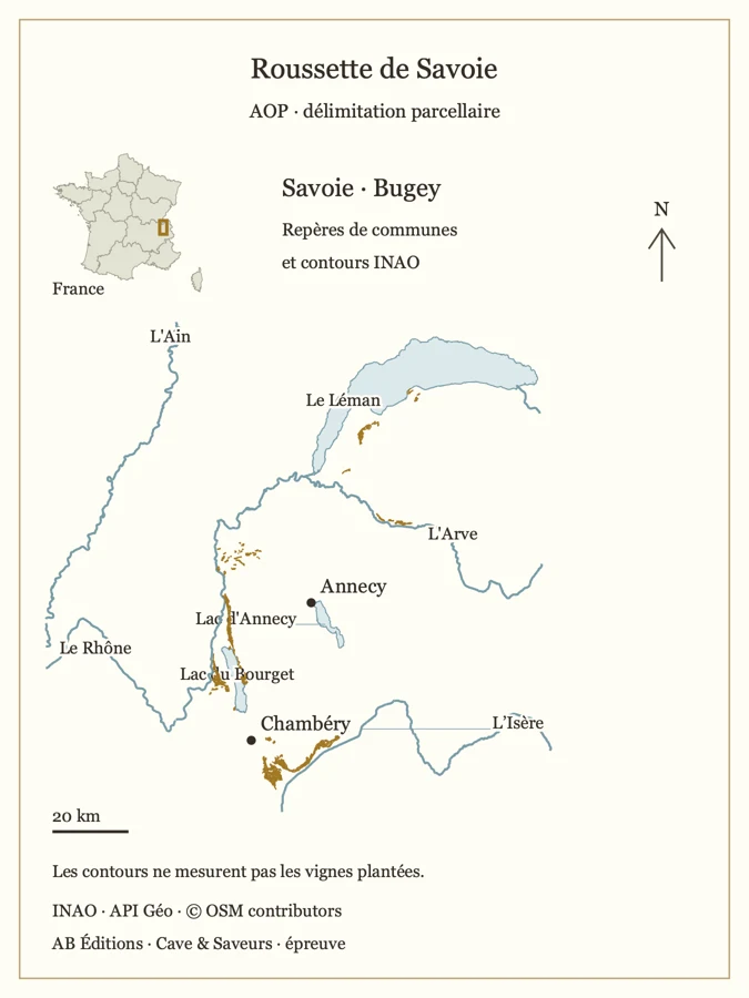 Carte de Roussette de Savoie — contours parcellaires INAO et repères géographiques