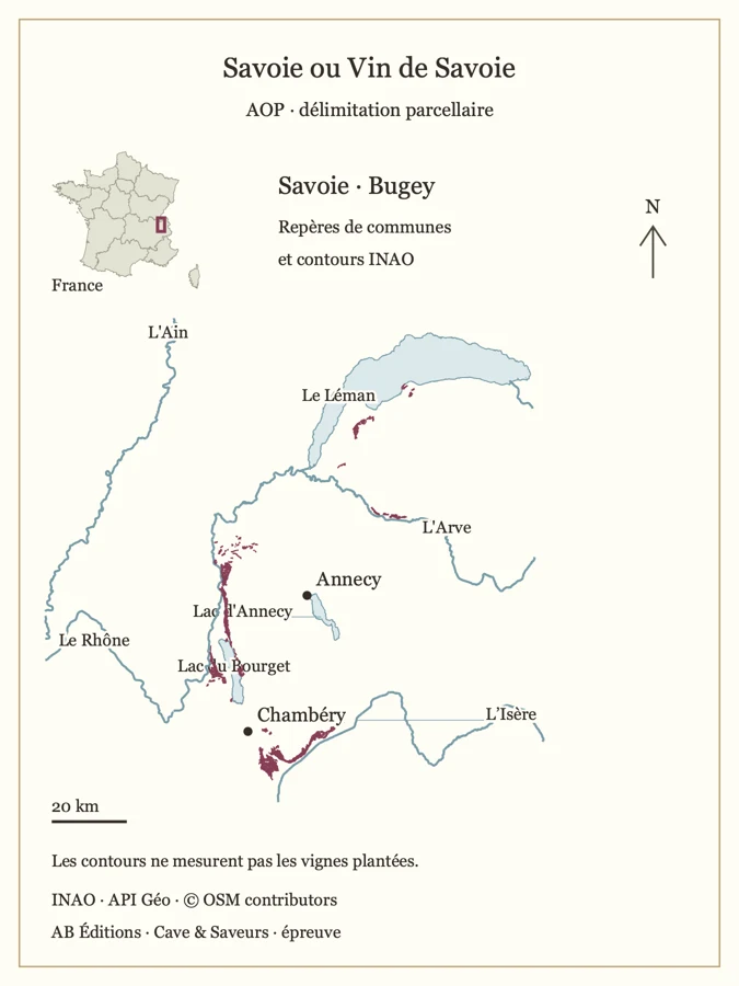 Carte de Savoie ou Vin de Savoie — contours parcellaires INAO et repères géographiques