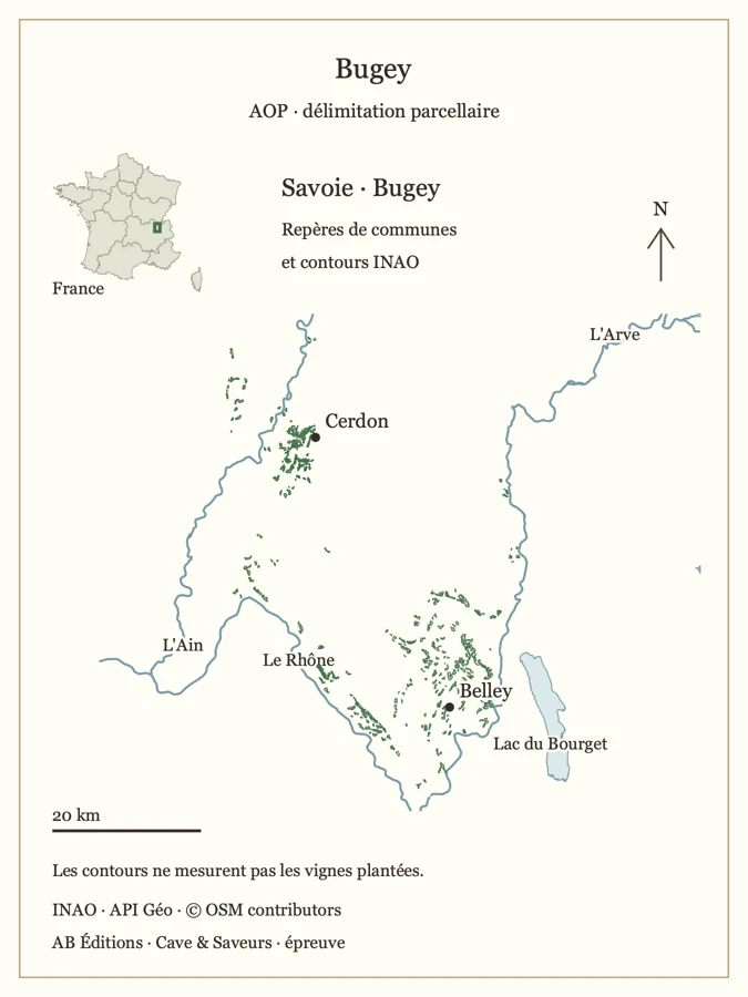 Carte de Bugey — contours parcellaires INAO et repères géographiques