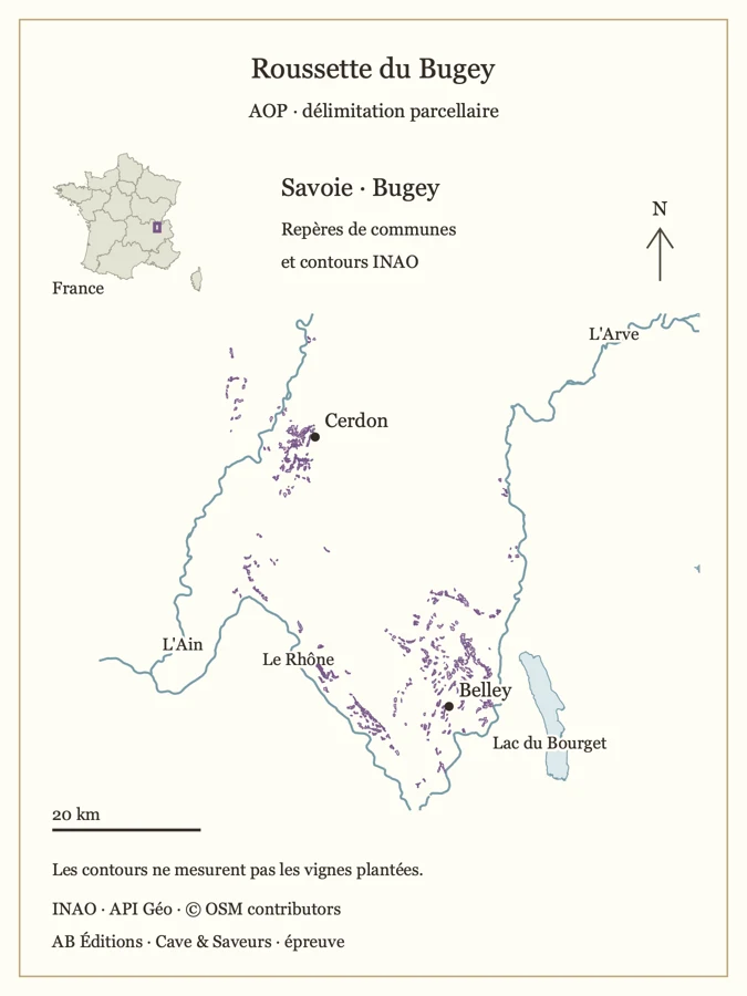 Carte de Roussette du Bugey — contours parcellaires INAO et repères géographiques