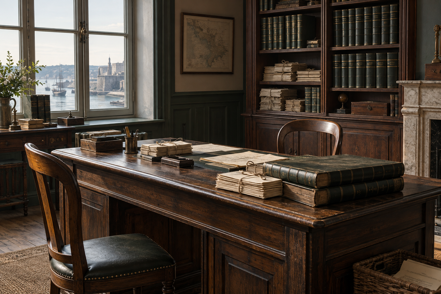Bureau et registres fermés dans une étude notariale imaginée du XIXe siècle.