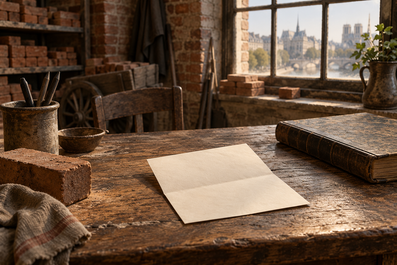 Une feuille de lettre marquée d’un pli sur une table de travail, dans un atelier imaginé.