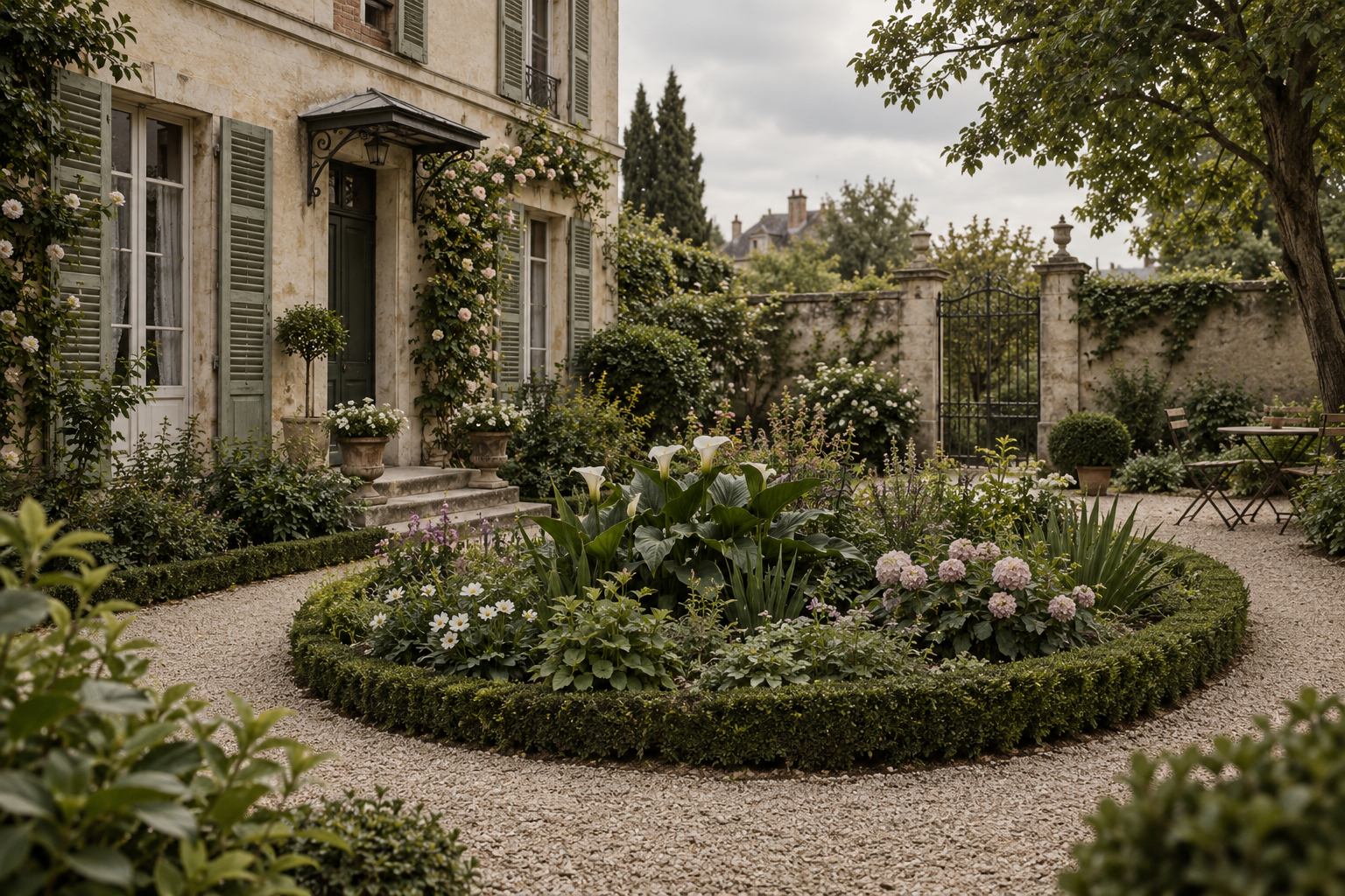 Évocation d’un massif de fleurs intact dans le jardin d’une maison française du XIXe siècle, sans personne visible.