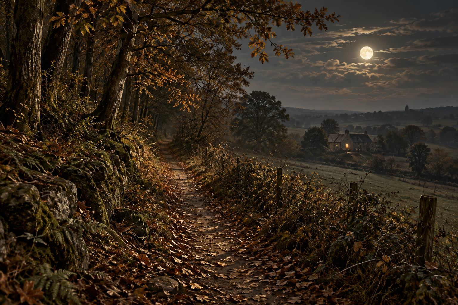 Sentier désert en bordure d’un bois normand, éclairé par la lune.