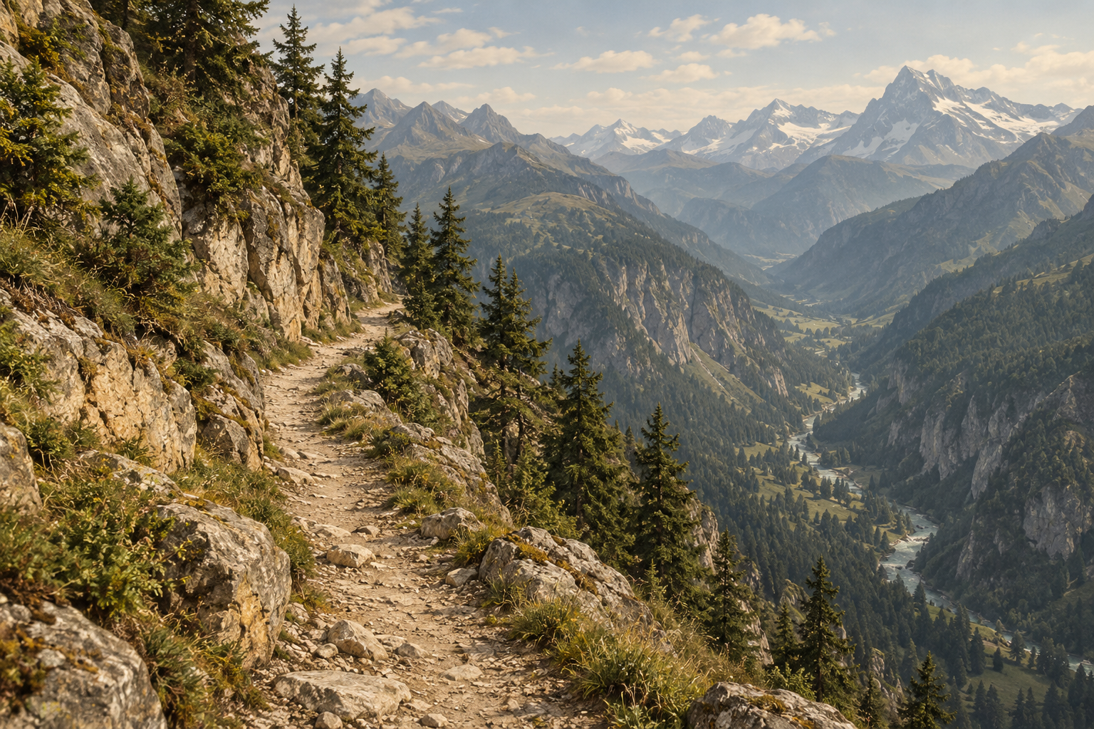 Sentier alpin désert longeant une pente rocheuse et un ravin.