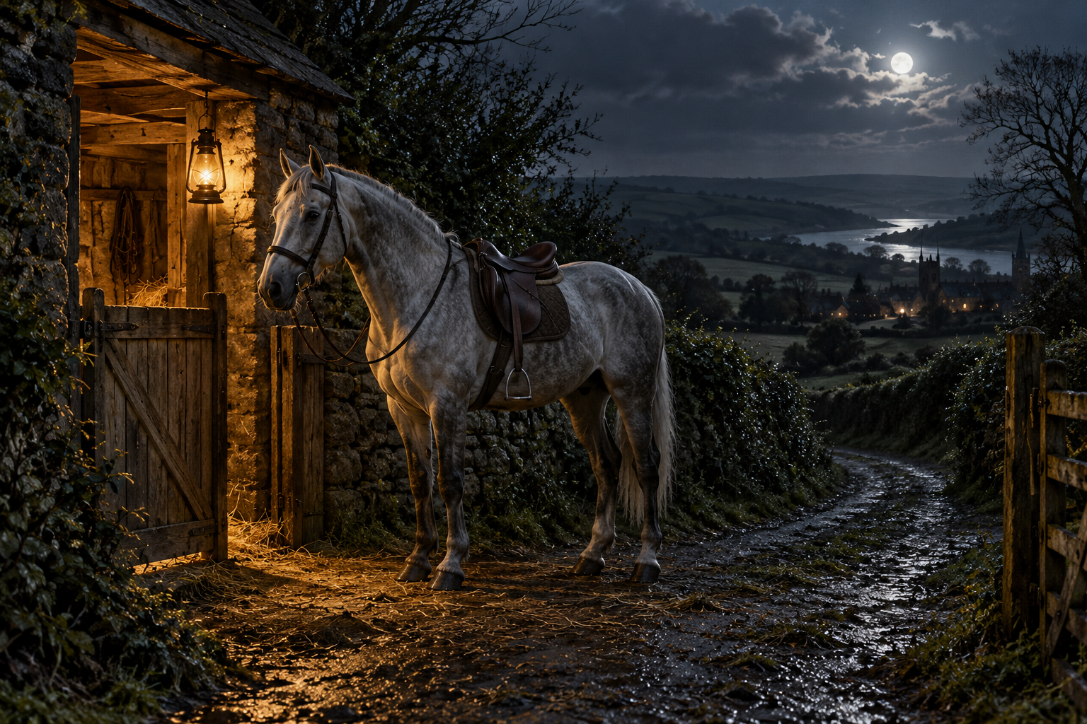 Illustration contemporaine : Cheval gris sellé devant une écurie éclairée par une lanterne, sous un ciel nocturne.