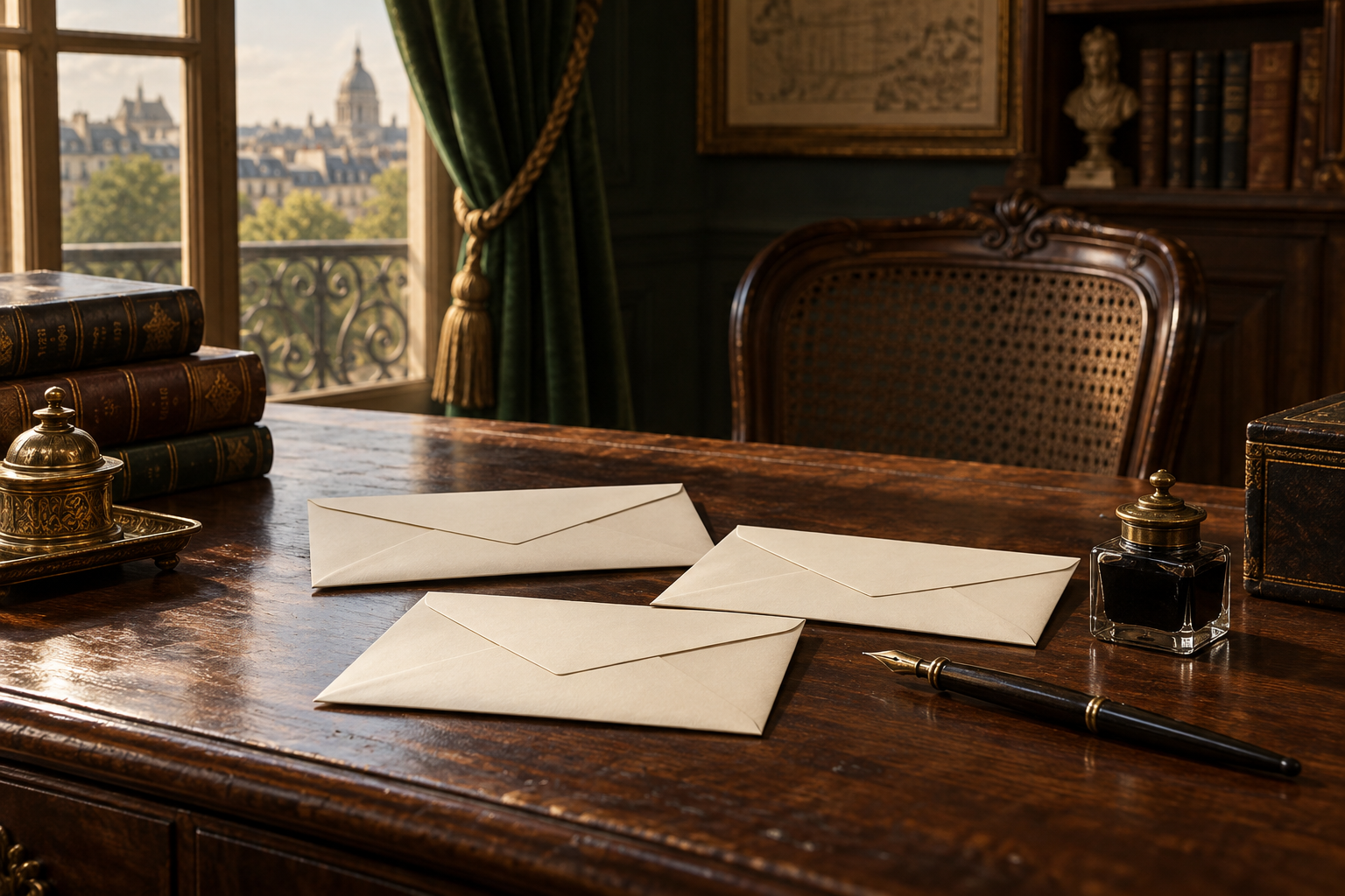 Enveloppes fermées et plume sur un bureau parisien imaginé.