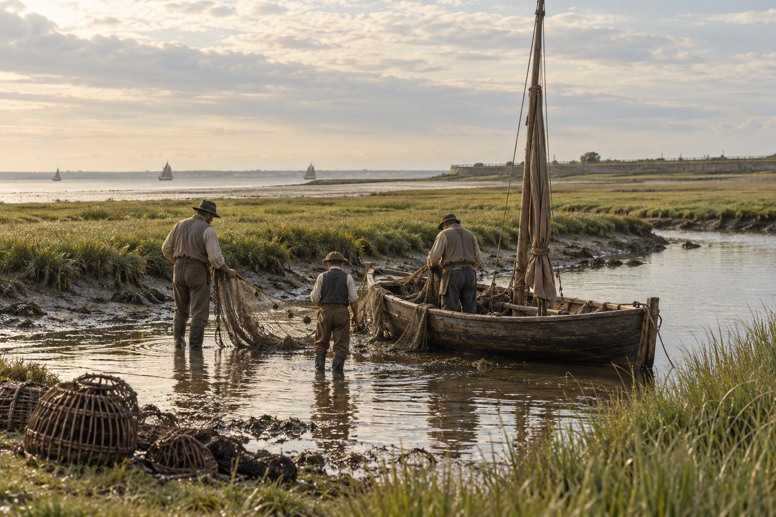 Illustration contemporaine : Deux adultes et un jeune pêcheur avec filets, barque à mât et casiers dans un chenal côtier.